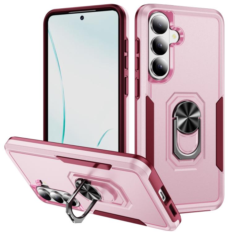 For Samsung Galaxy S26 5G Pioneer Armor Heavy Duty PC Hybrid TPU Phone Case with Holder(Pink+Rose Red)