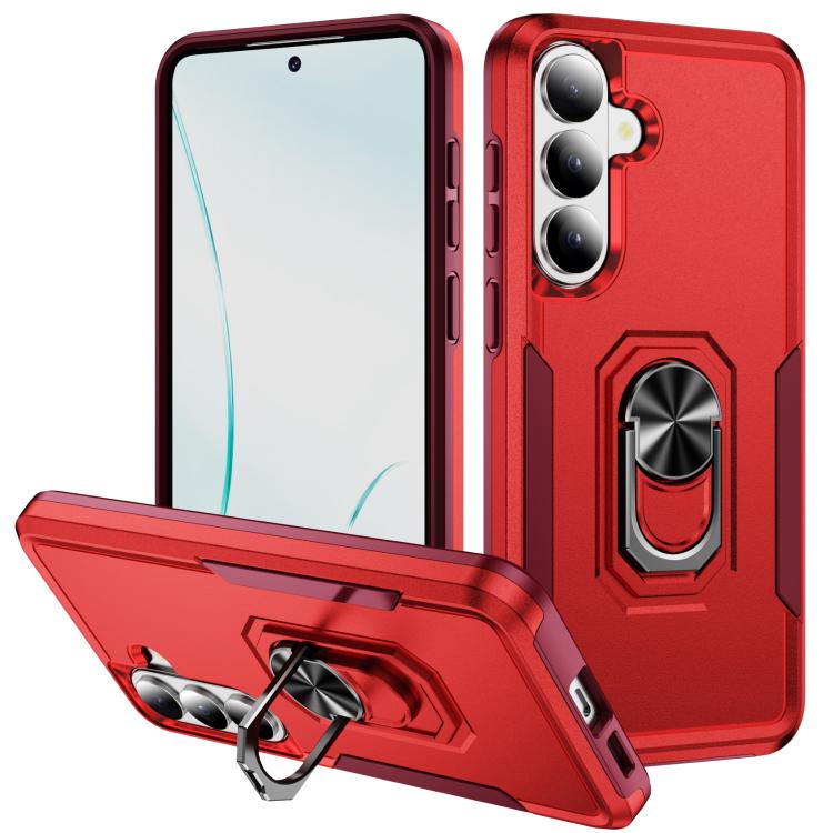 For Samsung Galaxy S26 5G Pioneer Armor Heavy Duty PC Hybrid TPU Phone Case with Holder(Red+Rose Red)