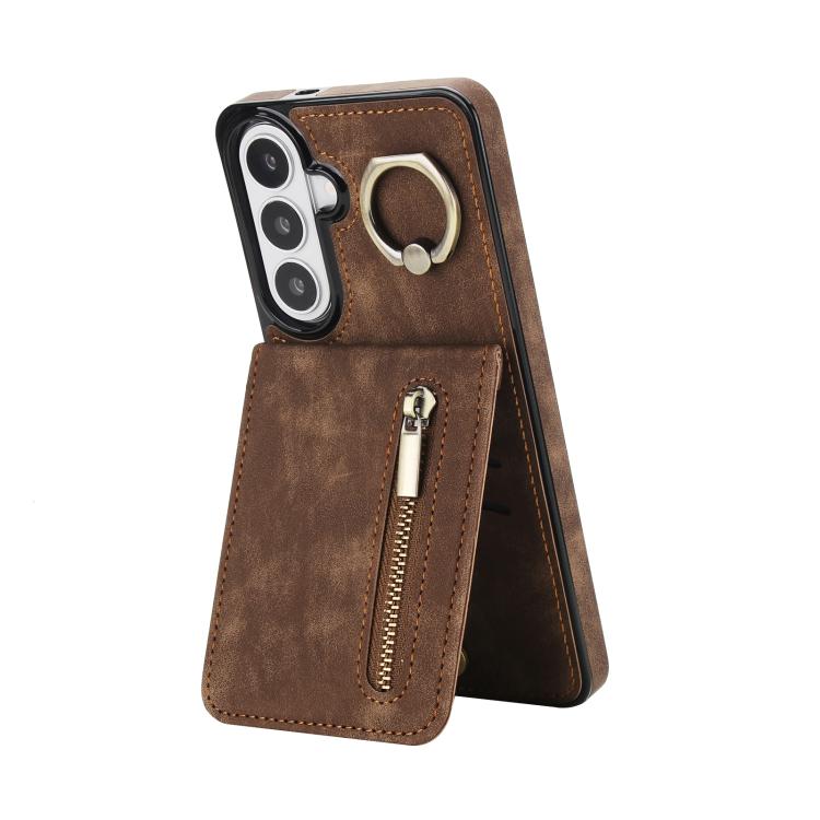 For Samsung Galaxy S26 5G Retro Ring and Zipper RFID Card Slot Phone Case(Brown)