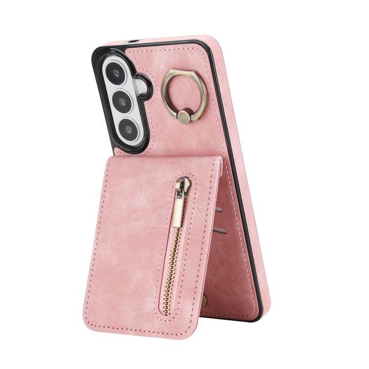 For Samsung Galaxy S26 5G Retro Ring and Zipper RFID Card Slot Phone Case(Pink)