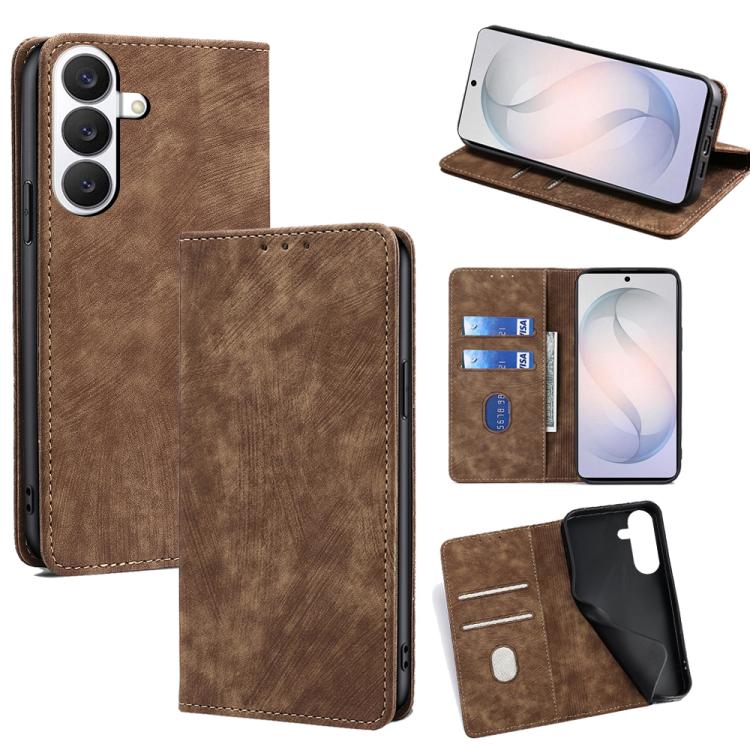 For Samsung Galaxy S26 5G RFID Anti-theft Brush Magnetic Leather Phone Case(Brown)