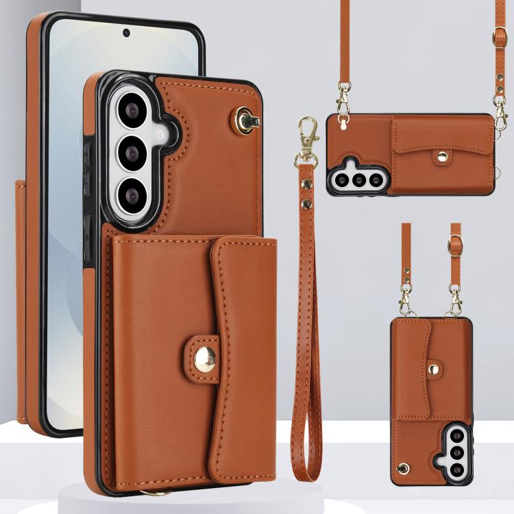 For Samsung Galaxy S26 5G RFID Card Slot Phone Case with Long Lanyard(Brown)