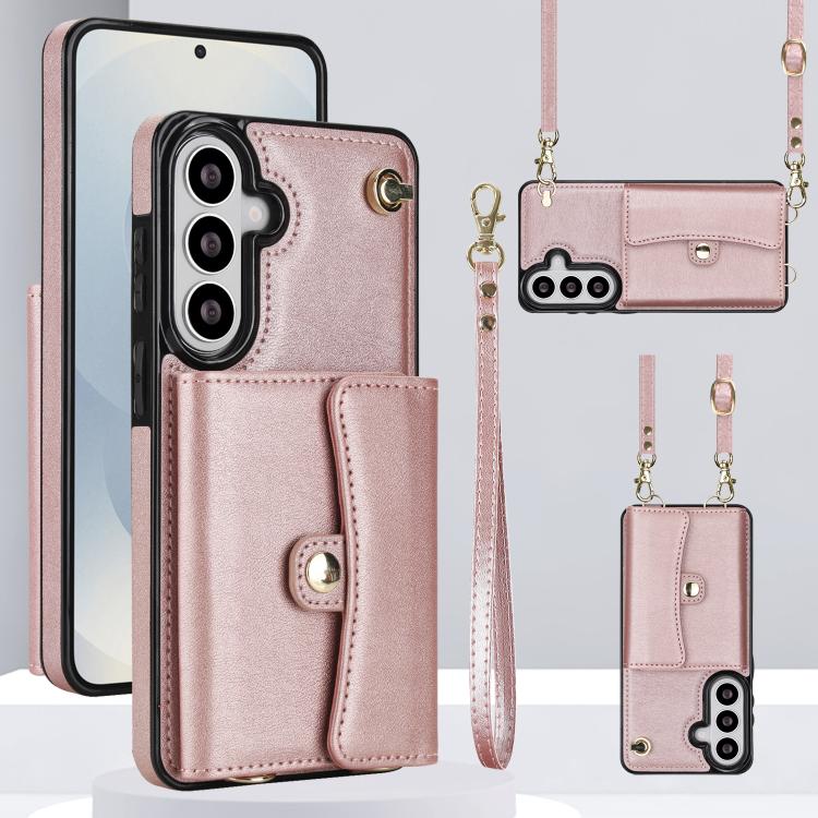 For Samsung Galaxy S26 5G RFID Card Slot Phone Case with Long Lanyard(Rose Gold)