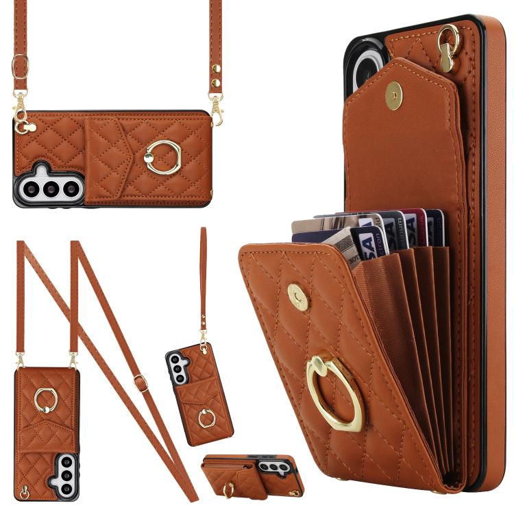 For Samsung Galaxy S26 5G Rhombic Texture Card Bag Phone Case with Long Lanyard(Brown)