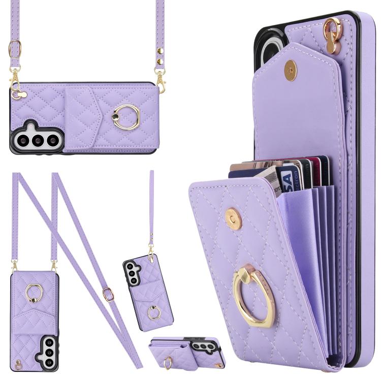 For Samsung Galaxy S26 5G Rhombic Texture Card Bag Phone Case with Long Lanyard(Light Purple)