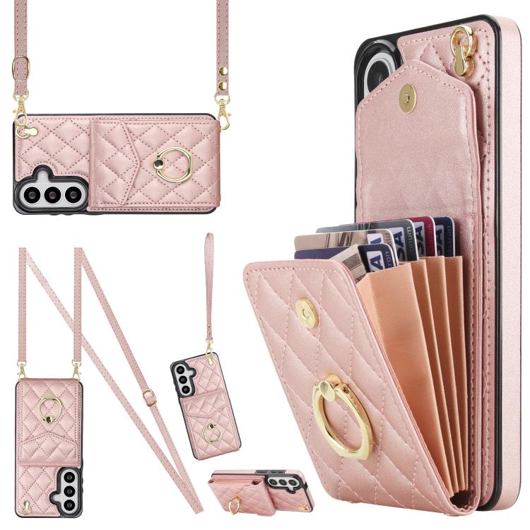 For Samsung Galaxy S26 5G Rhombic Texture Card Bag Phone Case with Long Lanyard(Rose Gold)