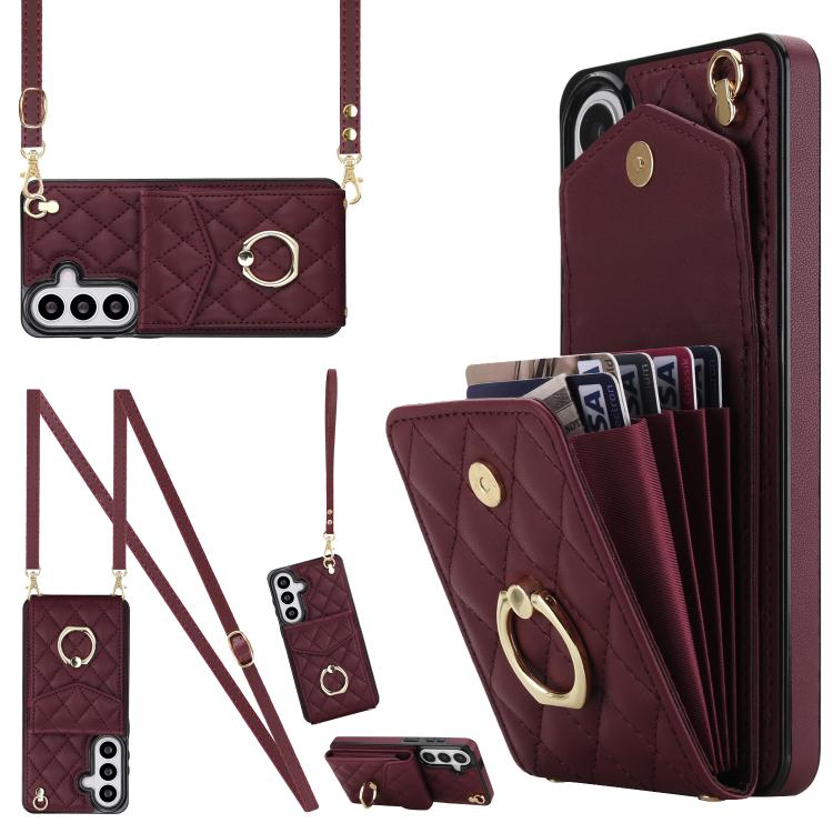 For Samsung Galaxy S26 5G Rhombic Texture Card Bag Phone Case with Long Lanyard(Wine Red)