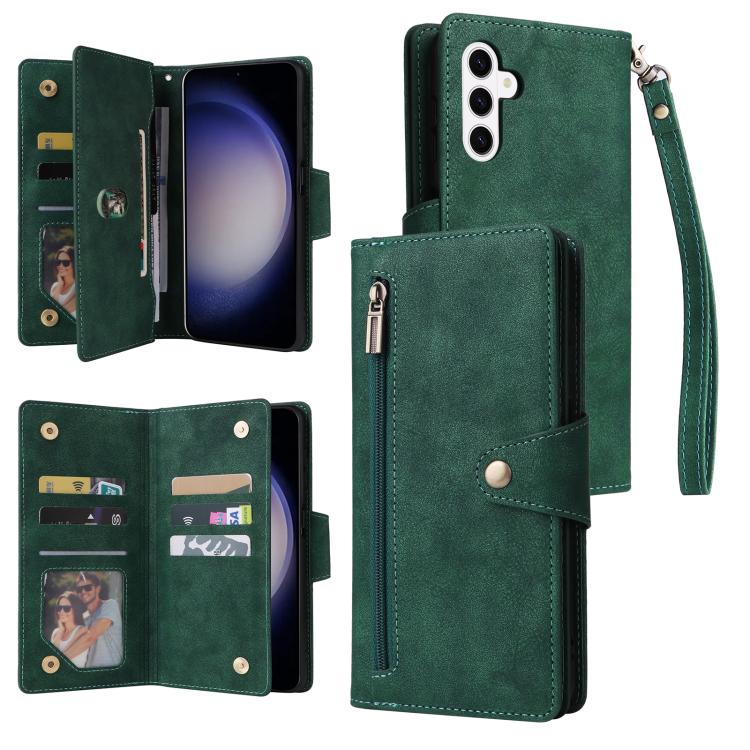 For Samsung Galaxy S26 5G Rivet Buckle 9 Cards Three Fold Leather Phone Case(Green)