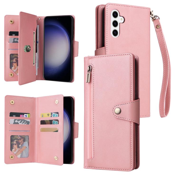 For Samsung Galaxy S26 5G Rivet Buckle 9 Cards Three Fold Leather Phone Case(Rose Gold)