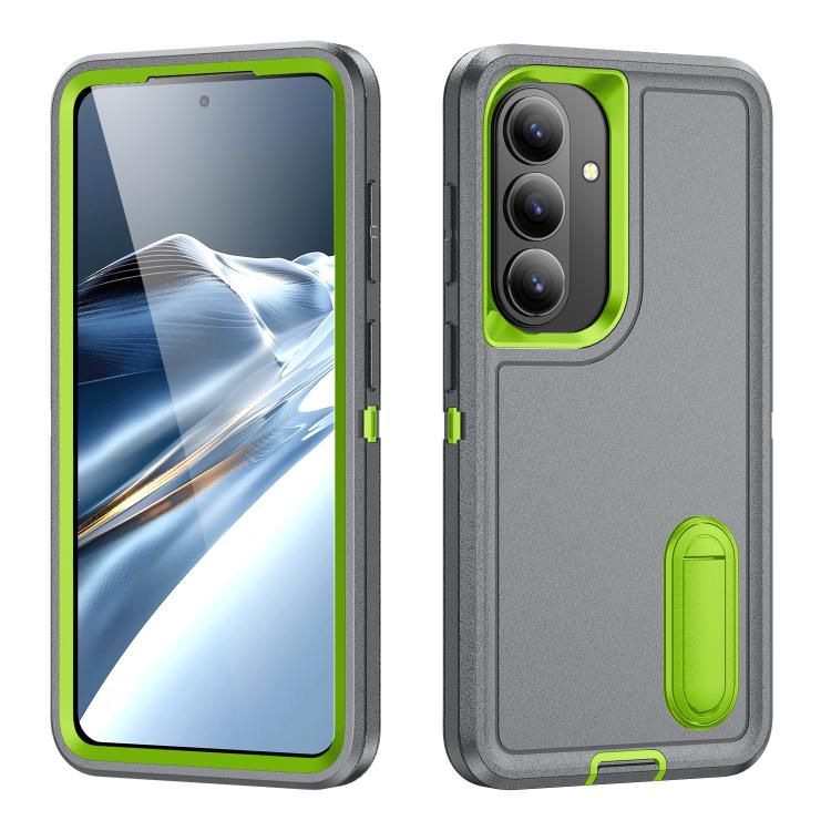 For Samsung Galaxy S26 5G Rugged PC Hybrid Silicone Phone Case with Holder(Grey+Fresh Green)