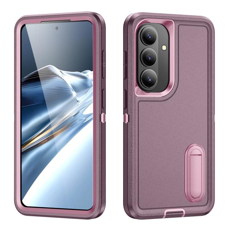 For Samsung Galaxy S26 5G Rugged PC Hybrid Silicone Phone Case with Holder(Purple+Pink)