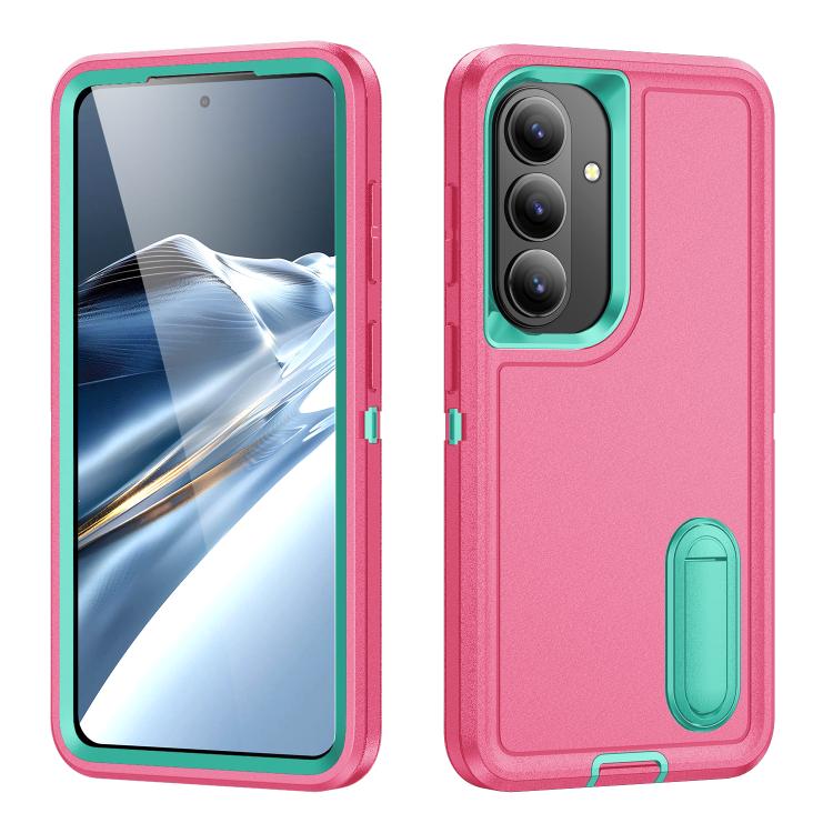 For Samsung Galaxy S26 5G Rugged PC Hybrid Silicone Phone Case with Holder(Rose Red+Light Green)