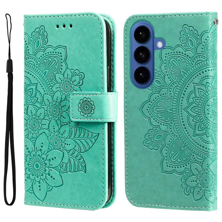 For Samsung Galaxy S26 5G Seven-petal Flowers Embossing Leather Phone Case(Green)
