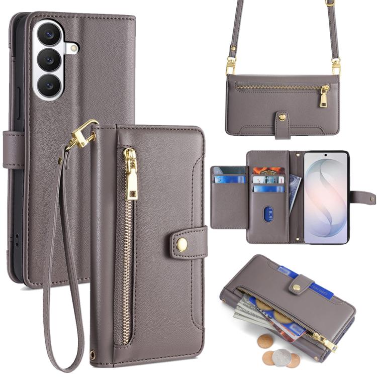 For Samsung Galaxy S26 5G Sheep Texture Cross-body Zipper Wallet Leather Phone Case(Grey)