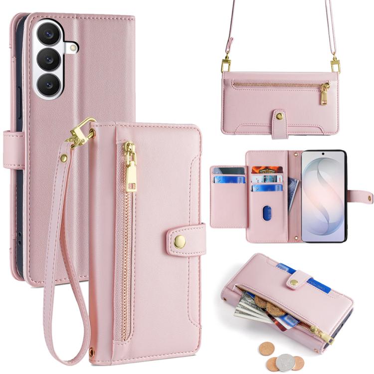 For Samsung Galaxy S26 5G Sheep Texture Cross-body Zipper Wallet Leather Phone Case(Pink)