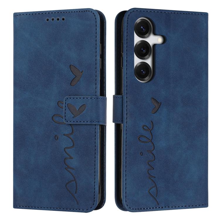 For Samsung Galaxy S26 5G Skin Feel Heart Embossed Leather Phone Case with Long Lanyard(Blue)
