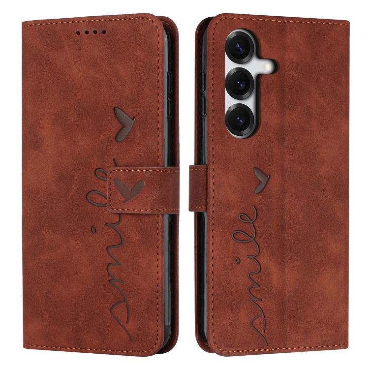 For Samsung Galaxy S26 5G Skin Feel Heart Embossed Leather Phone Case with Long Lanyard(Brown)