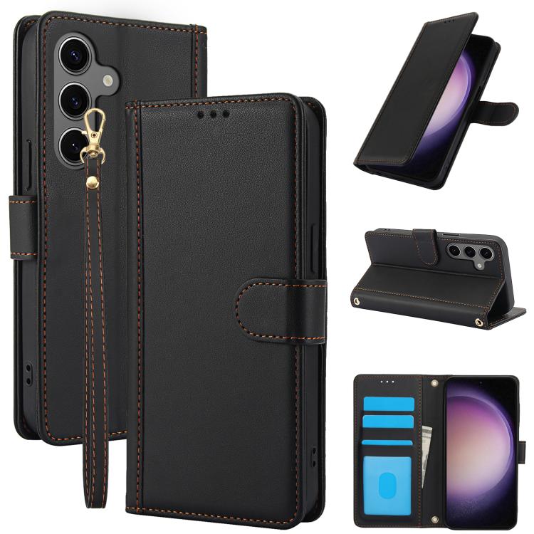 For Samsung Galaxy S26 5G Skin Feel Pure Color Card Slots Leather Phone Case with Dual Lanyard(Black)