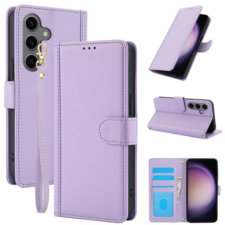 For Samsung Galaxy S26 5G Skin Feel Pure Color Card Slots Leather Phone Case with Dual Lanyard(Purple)