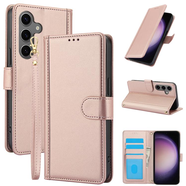 For Samsung Galaxy S26 5G Skin Feel Pure Color Card Slots Leather Phone Case with Dual Lanyard(Rose Gold)