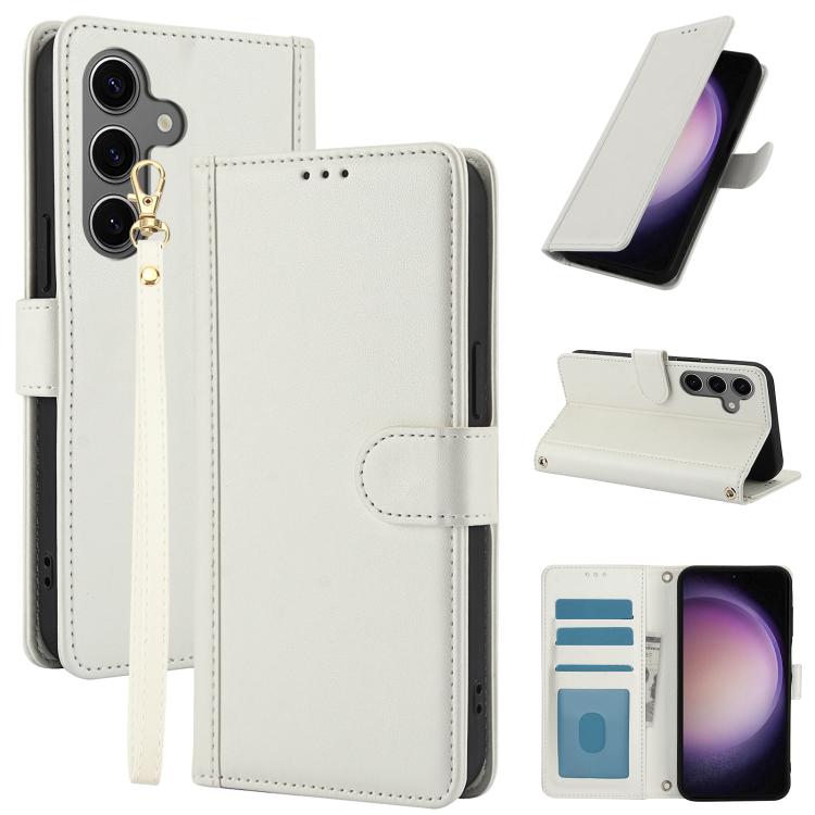 For Samsung Galaxy S26 5G Skin Feel Pure Color Card Slots Leather Phone Case with Dual Lanyard(White)