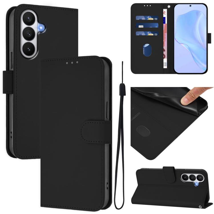 For Samsung Galaxy S26 5G Skin Feel Solid Color Leather Phone Case with Lanyard(Black)