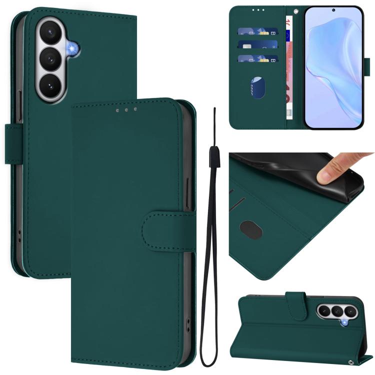 For Samsung Galaxy S26 5G Skin Feel Solid Color Leather Phone Case with Lanyard(Dark Green)