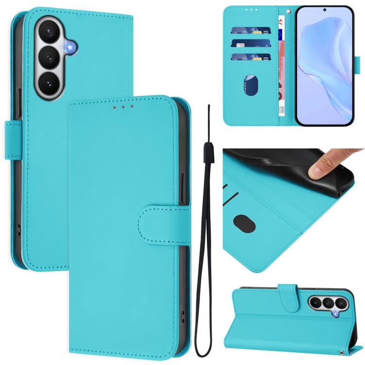 For Samsung Galaxy S26 5G Skin Feel Solid Color Leather Phone Case with Lanyard(Lake Blue)