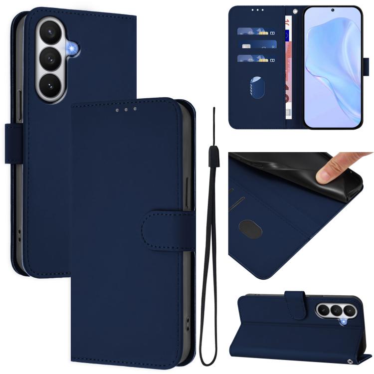 For Samsung Galaxy S26 5G Skin Feel Solid Color Leather Phone Case with Lanyard(Navy Blue)