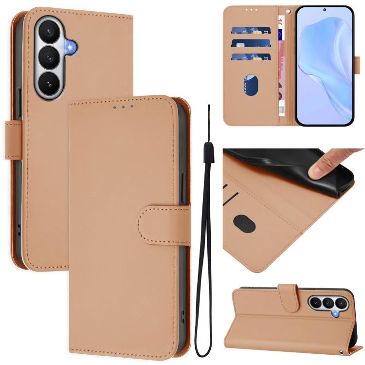 For Samsung Galaxy S26 5G Skin Feel Solid Color Leather Phone Case with Lanyard(Nude)