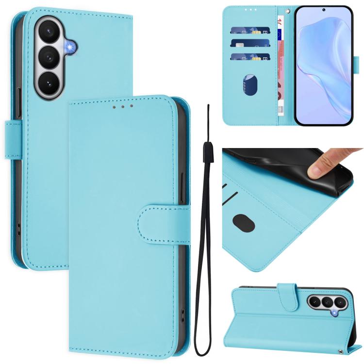 For Samsung Galaxy S26 5G Skin Feel Solid Color Leather Phone Case with Lanyard(Sky Blue)