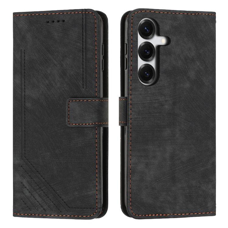 For Samsung Galaxy S26 5G Skin Feel Stripe Pattern Leather Phone Case with Lanyard(Black)