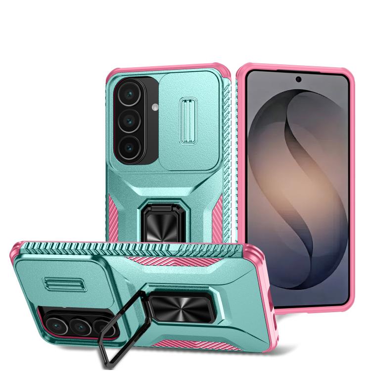 For Samsung Galaxy S26 5G Sliding Camshield Holder Phone Case(Pink + Grey Green)