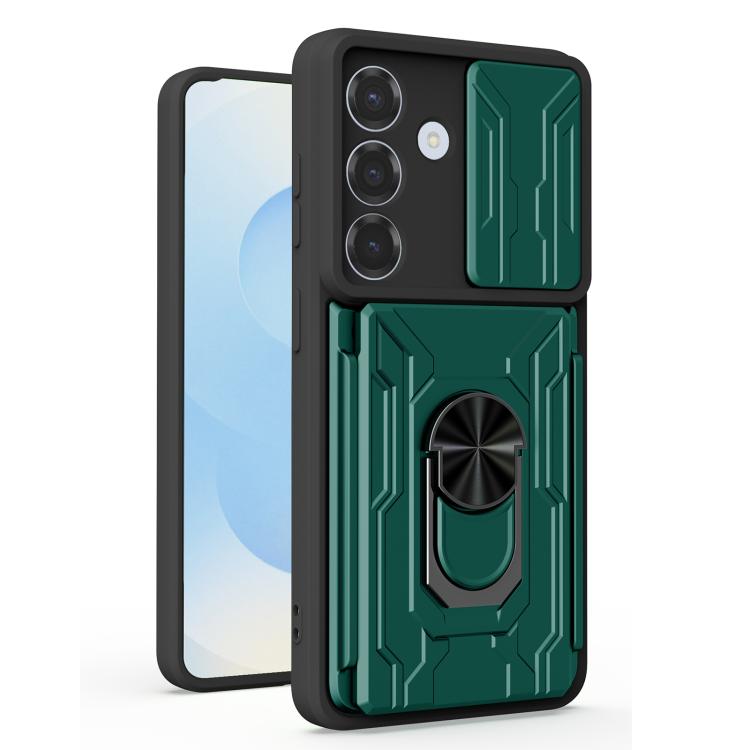 For Samsung Galaxy S26 5G Sliding Camshield TPU+PC Phone Case with Card Slot(Dark Green)