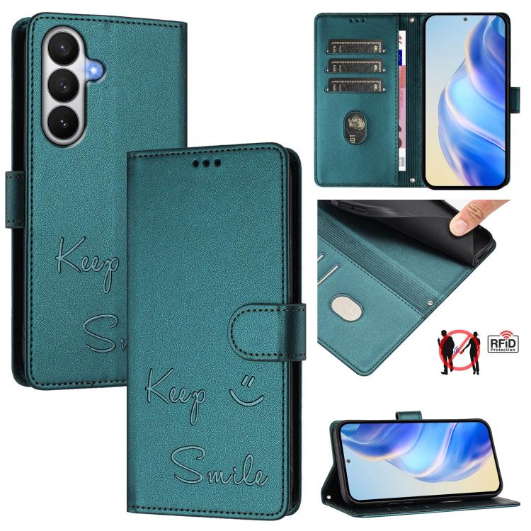 For Samsung Galaxy S26 5G Smile Embossing RFID Leather Phone Case(Peacock Green)