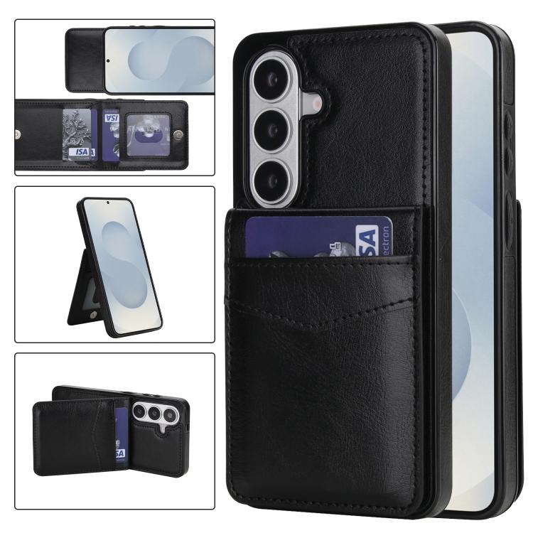 For Samsung Galaxy S26 5G Solid Color Card Slots Bracket PU Phone Case(Black)