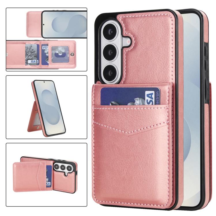 For Samsung Galaxy S26 5G Solid Color Card Slots Bracket PU Phone Case(Rose Gold)