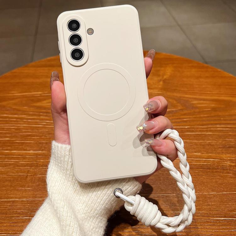 For Samsung Galaxy S26 5G Solid Color Liquid Silicone Magnetic Phone Case with Lanyard(Antique White)