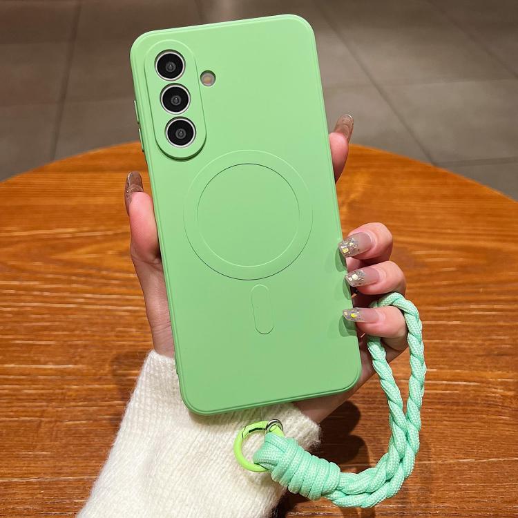 For Samsung Galaxy S26 5G Solid Color Liquid Silicone Magnetic Phone Case with Lanyard(Matcha Green)