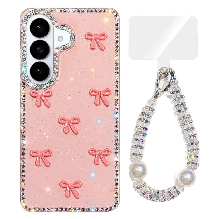 For Samsung Galaxy S26 5G Sparkling IMD Colorful Bow Phone Case with Bracelet(Glitter Light Pink)