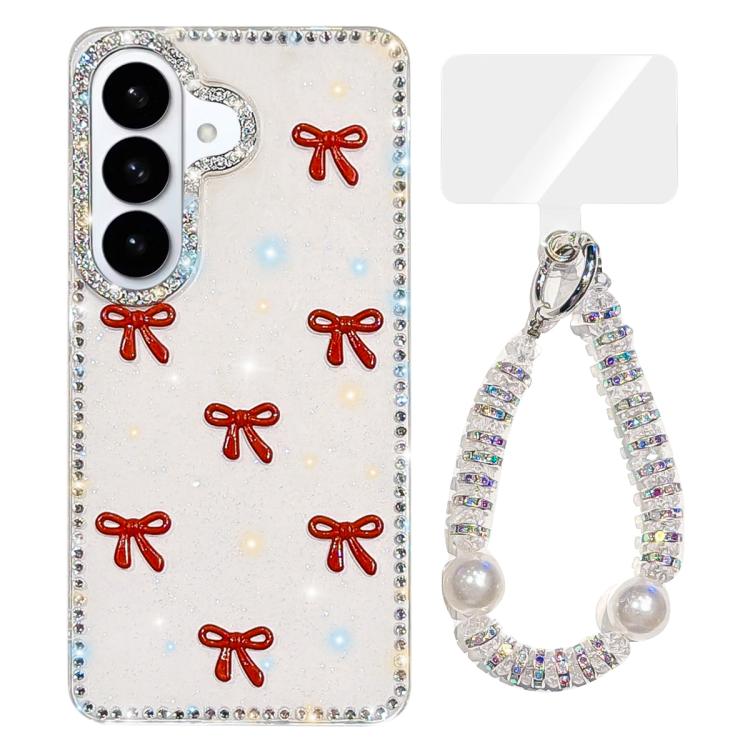 For Samsung Galaxy S26 5G Sparkling IMD Colorful Bow Phone Case with Bracelet(Glitter White)