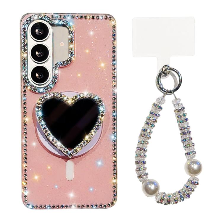 For Samsung Galaxy S26 5G Sparkling IMD Heart-Shaped Mirror Magnetic Phone Case with Bracelet(Glitter Light Pink)