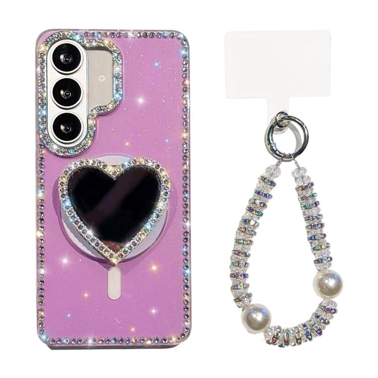 For Samsung Galaxy S26 5G Sparkling IMD Heart-Shaped Mirror Magnetic Phone Case with Bracelet(Glitter Light Purple)