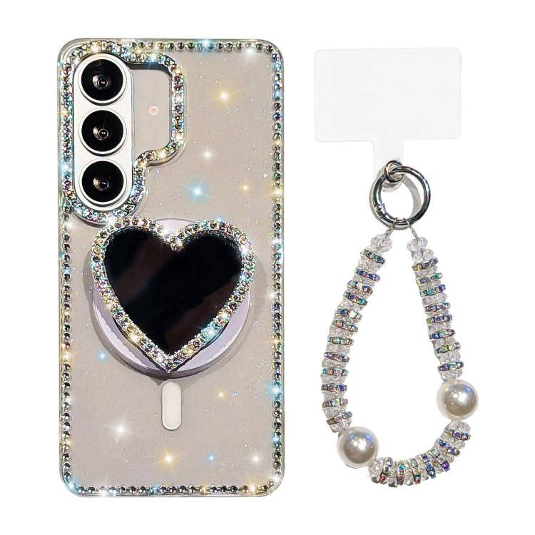 For Samsung Galaxy S26 5G Sparkling IMD Heart-Shaped Mirror Magnetic Phone Case with Bracelet(Glitter Transparent)