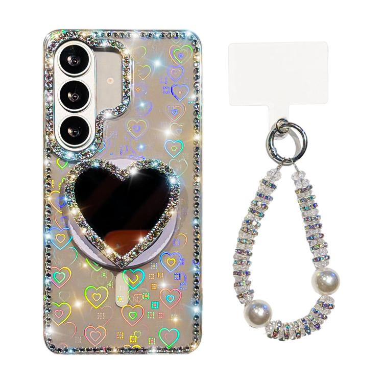 For Samsung Galaxy S26 5G Sparkling IMD Heart-Shaped Mirror Magnetic Phone Case with Bracelet(Love Transparent)