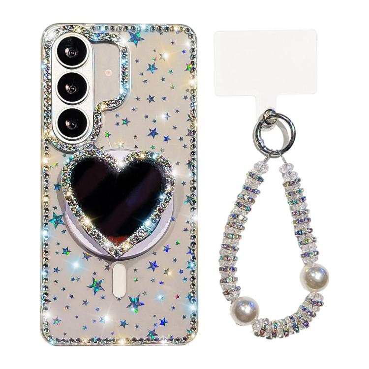 For Samsung Galaxy S26 5G Sparkling IMD Heart-Shaped Mirror Magnetic Phone Case with Bracelet(Star Transparent)