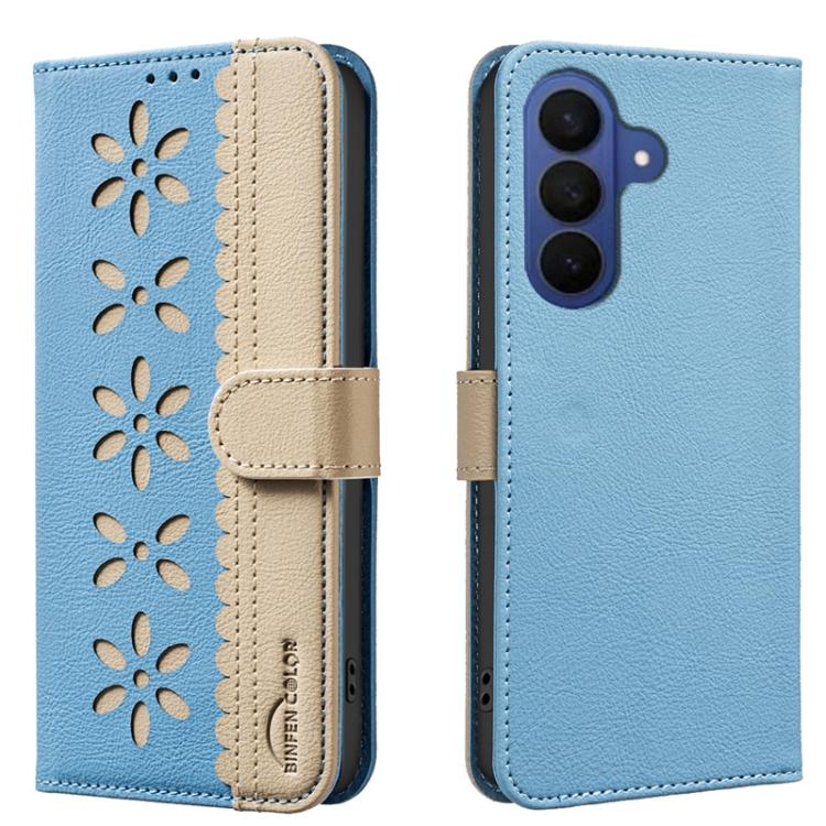 For Samsung Galaxy S26 5G Splicing Color Hollow Flower Pattern RFID Leather Phone Case(Baby Blue)