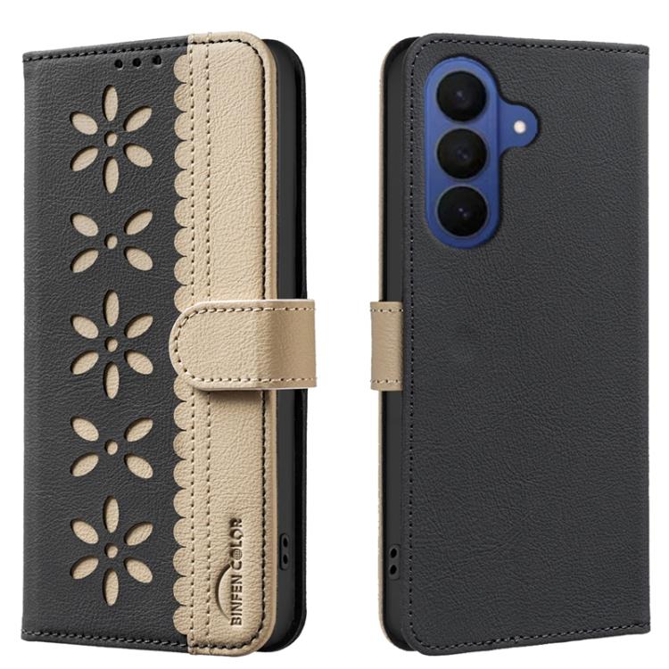 For Samsung Galaxy S26 5G Splicing Color Hollow Flower Pattern RFID Leather Phone Case(Black)