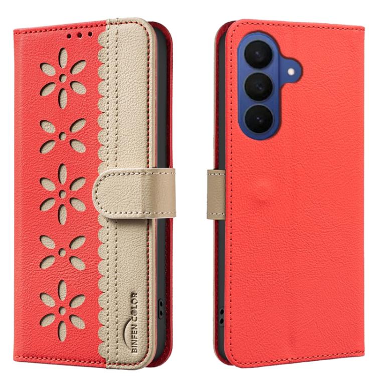 For Samsung Galaxy S26 5G Splicing Color Hollow Flower Pattern RFID Leather Phone Case(Red)