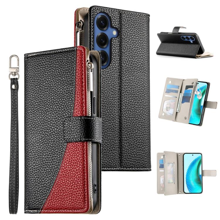 For Samsung Galaxy S26 5G Stitching Multi-card Zipper Wallet Leather Phone Case with Short Strap(Black)